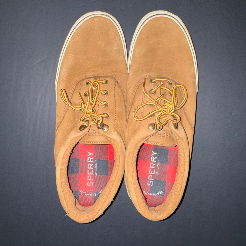Mens 13 Sperry Striper II Sneakers Tan Leather Good Plaid Lined